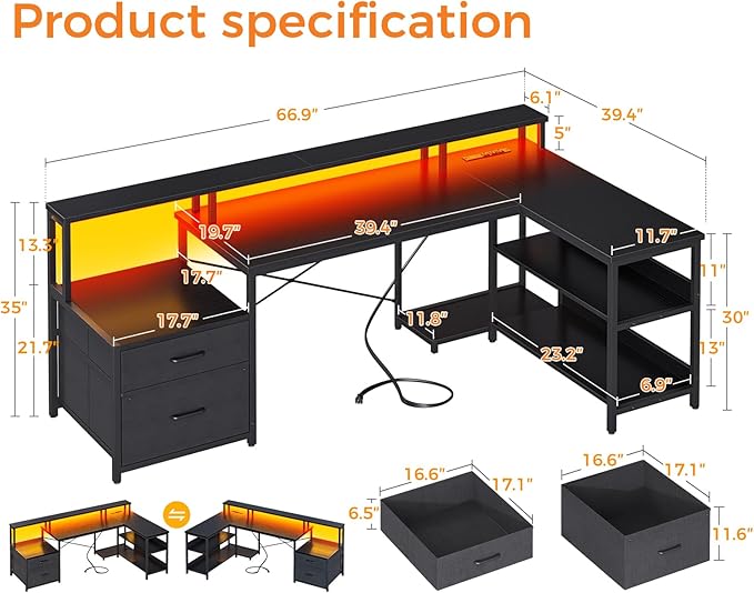 ODK L Shaped Desk with File Drawer, 66" Reversible L Shaped Computer Desk with Power Outlet & LED Strip, Home Office Desk with Storage Shelves, Gaming Desk with Monitor Shelf, Corner Desk, Black