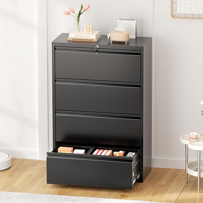Greenvelly Lateral File Cabinet 4 Drawer, Lockable Metal Filing Cabinet for Home Office, Black Metal File Cabinet with Lock for Legal/Letter/A4/F4 Size with Hanging Bars&Key