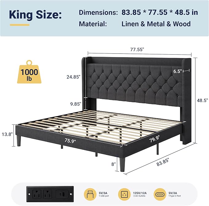 Allewie King Size Bed Frame, Storage Headboard with Charging Station,Wingback Linen Upholstered, Diamond Stitched Button Tufted, Sturdy Wooden Slats, No Box Spring Needed, Easy Assembly, Dark Gray