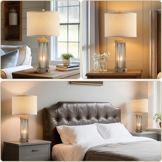 Farmhouse Table Lamps Set of 2 for Living Room, Vintage Bedroom Nightstand Lamp with Dual USB Ports, Bedside Lamp with Frosted Glass Nightlight for End Table Entryway, 4 Bulbs Included (Earthy Gray)