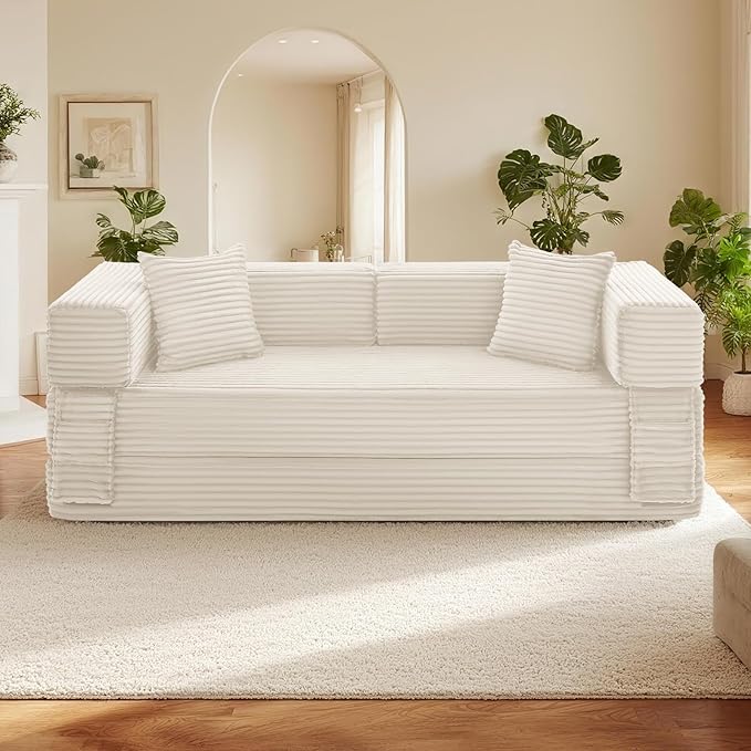 Sectional Boneless Couch Convertible Sofa Bed, 78'' Modular Sectional Sleeper Sofa with Removable Armrests & 3 Pillows, Small Floor Couch No Assembly Needed for Living Room, Office, Bedroom, Beige