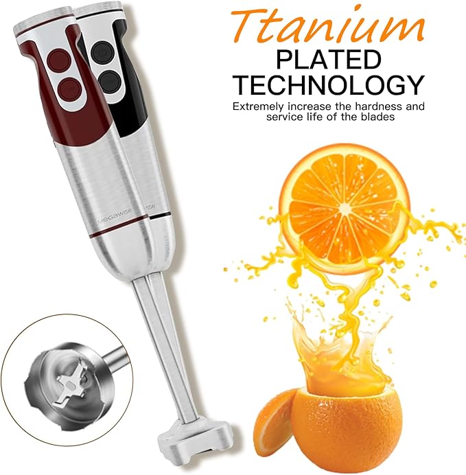MegaWise Pro Titanium Reinforced 5-in-1 Immersion Hand Blender, Powerful Motor with 80% Sharper Blades, 12-Speed Corded Blender, Including 500ml Chopper, 600ml Beaker, Whisk and Milk Frother (Red)