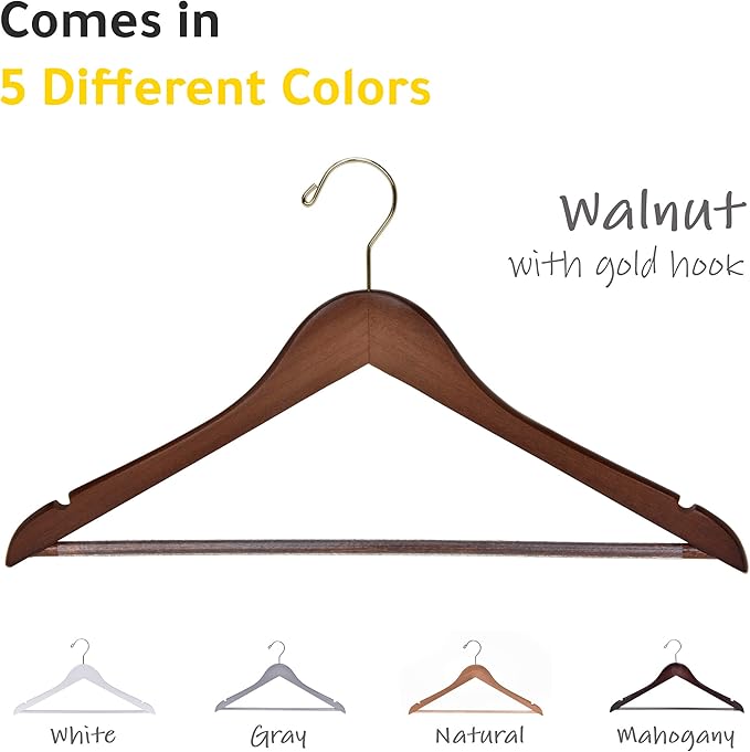 Quality Wooden Hangers - Slightly Curved Hanger 80 Pack Sets - Solid Wood Coat Hangers with Stylish Chrome Hooks - Heavy-Duty Clothes, Jacket, Shirt, Pants, Suit Hangers (Walnut - Gold Hook, 80)