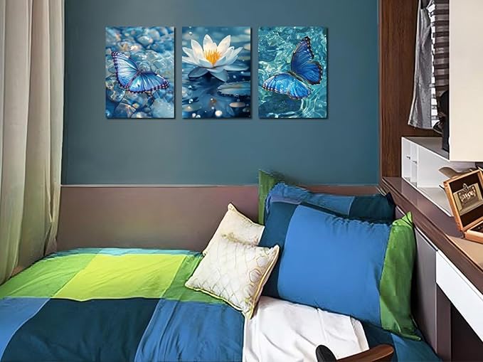 Arjun Blue Abstract Butterfly Canvas Wall Art Water Lily Pond Painting Zen Stones White Lotus Flower Teal Turquoise Pictures Framed for Living Room Bedroom Bathroom Spa Salon Home Office Wall Decor