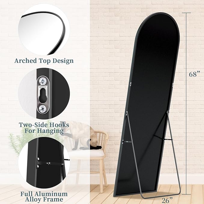 Full Length Mirror with Stand, 68"x26" Arched Full Body Mirror, Large Stand Up Mirrors, Aluminum Frame Floor Standing Mirrors, Freestanding Hanging Leaning Mounted for Bedroom Living Room Black