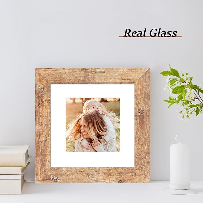 6x6 Picture Frame Set of 4 with Real Glass, Rustic Brown Frames Display 4x4 Picture with Mat or 6 x 6 Without Mat, Square Photo Frame for Wall Mount and Tabletop Display