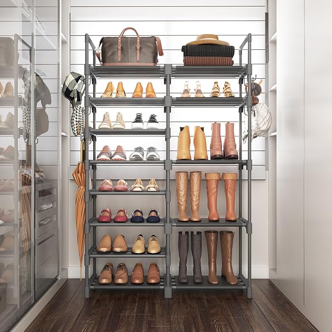 ROJASOP Shoe Rack, Shoe Storage Organizer for Closet Entryway Garage Bedroom, 8 Tier Tall Metal Shoe Shelf for 26-32 Pairs Boots & Shoes, Adjustable Shoe Stand for Small Space