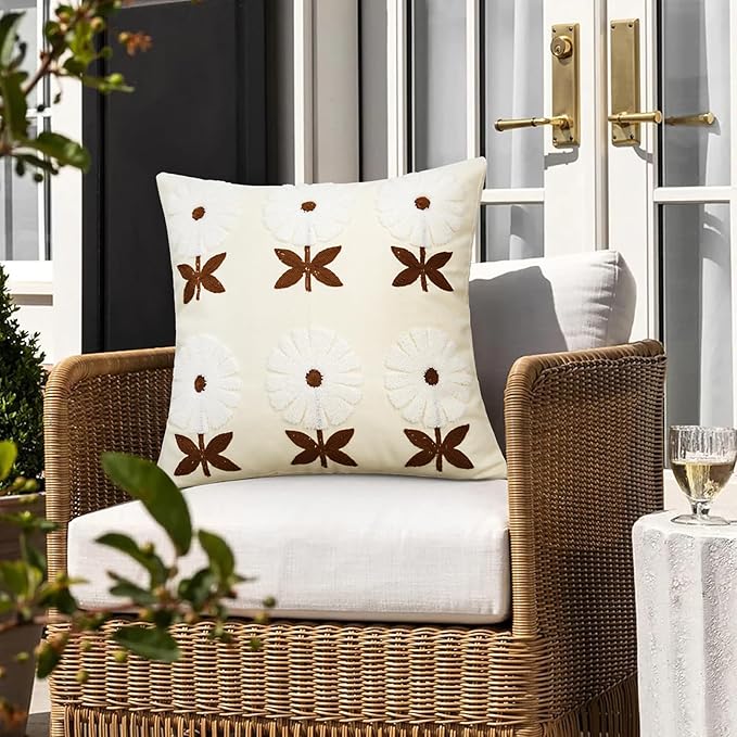 Merrycolor Boho Decorative Throw Pillow Covers 18x18 Embroidered Brown Flower Pillow Covers Textured Square Cushion Case Farmhouse Pillow Covers for Couch Bed,1PC, Beige