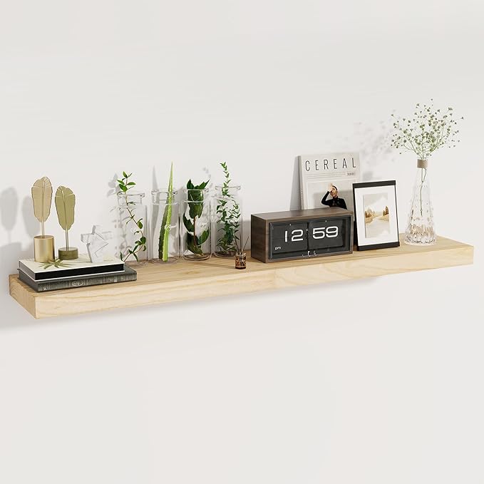 fuqing Floating Shelves for Wall - 48 Inch Natural Wood Shelves Set of 1-48W x 9.3D x 1.6H Wall Mounted Shelves with Upgraded Metal Brackets for Room Wall