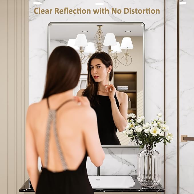 LOAAO 32X36 Inch Brushed Nickel Bathroom Mirror, Rounded Rectangle Silver Metal Frame Mirror, Brushed Nickel, Anti-Rust, Hangs Horizontally or Vertically