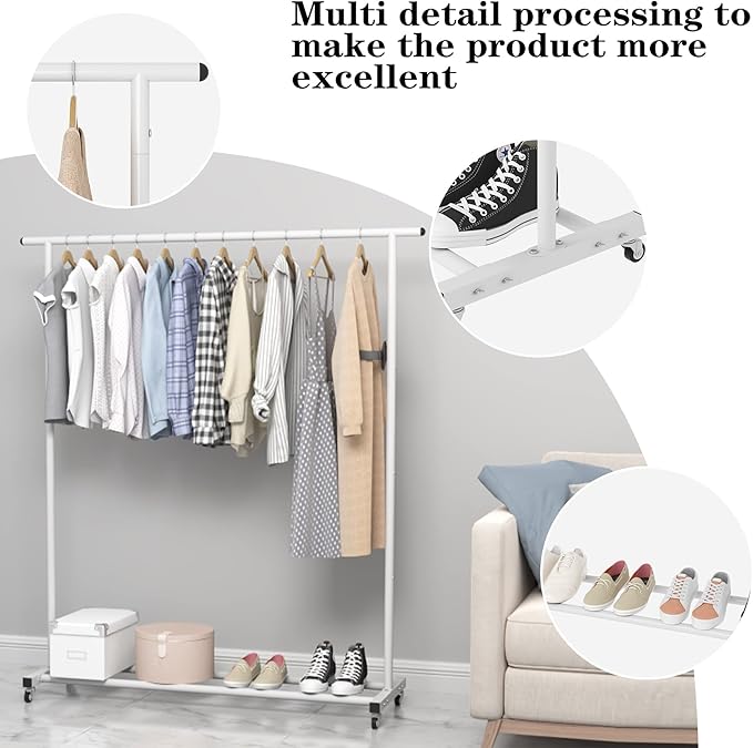 Buzowruil Metal Rolling Clothing Rack Adjustable Freestanding Garment Organizer with Wheels, Space-Saving Design for Home, Closet, Office, or Retail, White