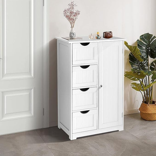 VINGLI White Bathroom Storage Cabinet with 4 Drawers 1 Cupboard Side Storage with Adjustable Shelf, Wood Bathroom Floor Cabinet with Drawers Also for Kitchen, Entryway, Bedroom, 22" Wx11.8 Dx32.3 H