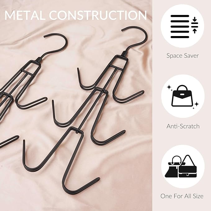 ZEDODIER Purse Organizer for Closet, 3 Pack Rotatable Sturdy Purse Hanger Bag Rack with 18 Hooks, Space Saving Handbag Backpack Holder, Closet Organizers and Storage, Black