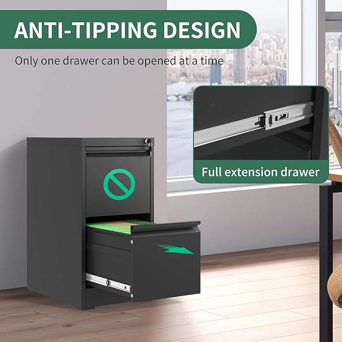 File Cabinet, Vertical File Cabinets with Lock for Home Office,Heavy Duty Office Steel Filing Cabinet for Hanging Letters/Legal/A4, Assembly Required (Black, 2 Drawers)