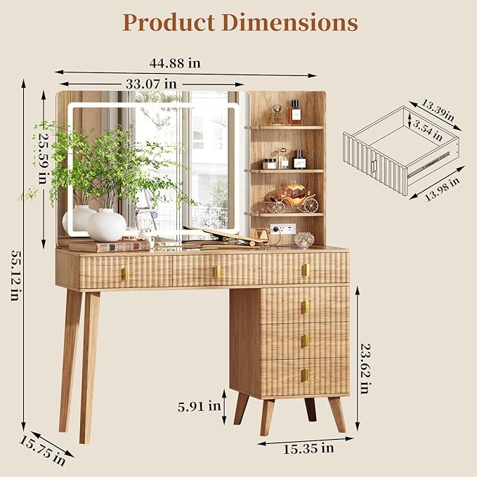 Large Makeup Vanity Desk with Mirror and Lights, Vanity Desk with 6 Drawers & Storage Shelves, Vanity Table with Power Outlet, 3 Color Modes & Adjustable Brightness Dressing Table, Bedroom,Wood