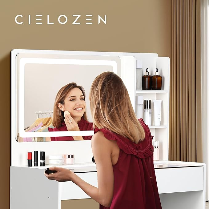 Vanity Desk,Transparent Desktop,Multiple Color Ambient Lights,with Mirror and Tri Color Light Strip,Dressing Table with Charging Station,Equipped with 2 Drawers,White