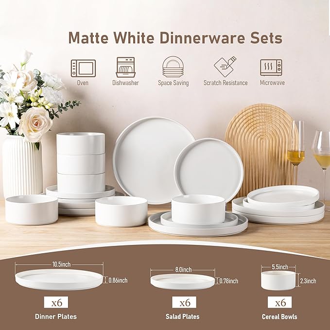 GBhome Ceramic Dinnerware Sets for 6, Matte Stoneware Plates and Bowls Sets,Chip and Scratch Resistant Dishes, Dishwasher & Microwave Safe, Oven safe,Reactive Glaze-White