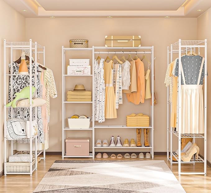 Neprock Clothing Racks for Hanging Clothes with Shelves, Portable Closet System Organizer Garment Rack for Clothes Storage, Metal Free Standing Wardrobe Clothes Organizer(White)