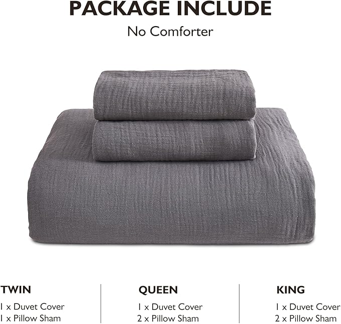 EMME Muslin Cotton Duvet Cover Set Dark Grey Twin Size Linen Like Soft Breathable Lightweight Summer Comforter Cover Set with Zipper Closure (Dark Grey, Twin, 68"x90")