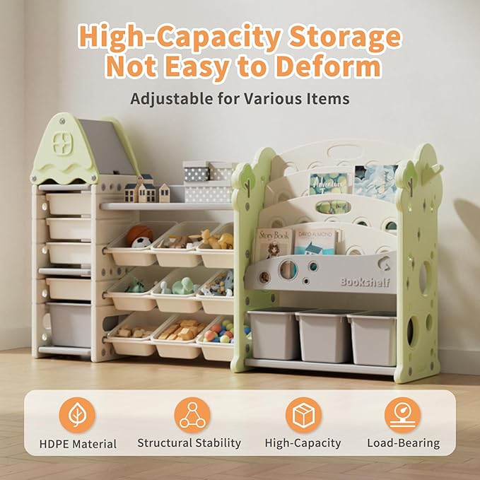 Kids Toy Storage Organizer with 17 Removable Bins, 4-Tier Bookshelf for Kids, Multi-Purpose Castle-Shaped Toy Organizer for Playroom, Bedroom, Nursery, Living Room (Green)