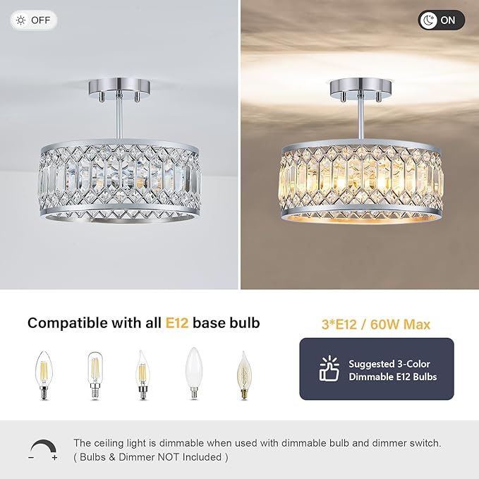 Crystal Chrome Ceiling Light, Modern Semi Flush Mount Ceiling Lighting Fixture, Round Hallway Lighting Fixtures Chandelier for Kitchen Entryway Bedroom Dining Room, 3-Light, 12.2 Inch