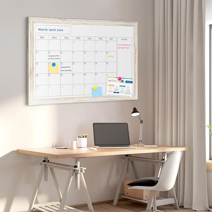 4 THOUGHT Whiteboard Calendar 24" x 18" Magnetic Dry Erase Board Wood Frame Wall-Mounted Monthly Planner White Board Decorative Notice Board for Office School Home, White Vintage