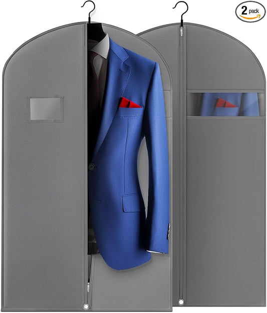 2 Pack 40-inch Suit Bag Garment Bag for Travel and Storage, Garment Bags for Hanging Clothes with Zipper and Visible Transparent Window, Gray