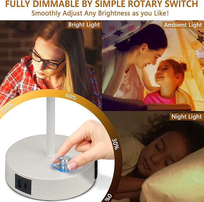 HiBay 17.75" H Dimmable LED Bedside Table Lamp with USB Charging Ports & AC Outlet, Modern White Nightstand Light for Bedroom, Office, Living Room, Kids Room, Round Fabric Shade, E26 Bulb Included
