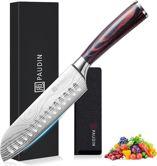 PAUDIN Santoku Knife, 7 Inch Kitchen Knife, Ultra Sharp Edge - Forged High Carbon German Stainless Steel, Professional Chef Knife with Ergonomic Handle, Gifts for Men and Women