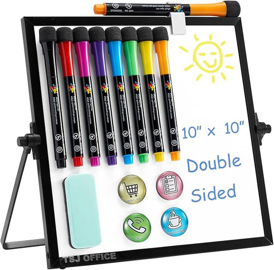 Small Magnetic Desktop White Board – Portable Mini Easel Dry Erase Whiteboard for Students Double Side to Do List Dry Erase Board with Stand for Office, School, Home 10 x 10 inches