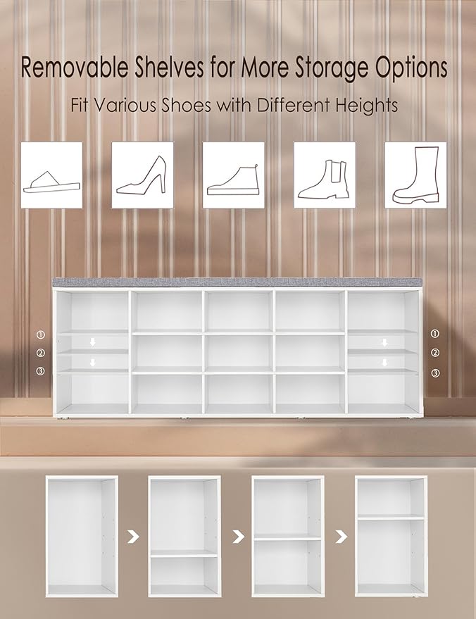 DINZI LVJ Shoe Storage Bench with Cushion, 15-Cubby Shoe Rack, Adjustable Shelves, Long Shoe Organizer Bench for Entryway, Mudroom, Hallway, Living Room, Bedroom and Garage, White