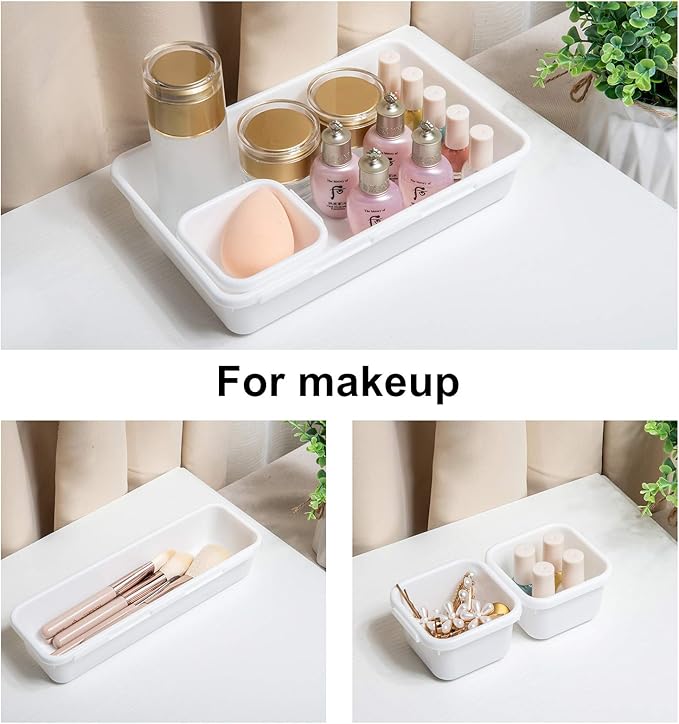 BYCY 18 Pcs White Drawer Organizers Trays Set Drawer Dividers for Kitchen Office Bathroom, Interlocking Bin Pack (18 Pieces)