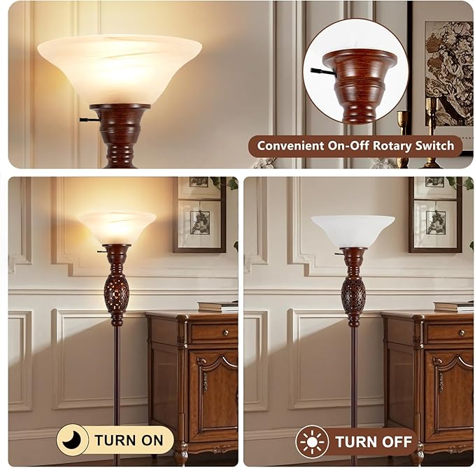 70" Torchiere Floor Lamp with NightLight - Victorian Style Standing Lamp for Living Room, Bedroom, Office - Retro Floor Lamps with Rotary Switch & Etched Glass Shade, Home Decor, Bulb Included