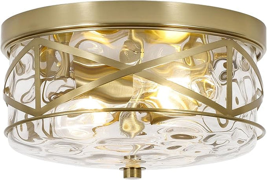 LamQee 9.8" Small Flush Mount Ceiling Light with Clear Hammered Glass, Brushed Gold Hallway Light Fixtures Ceiling Mount for Bathroom, 2-Lights Farmhouse Close to Ceiling Light Kitchen Foyer Bedroom