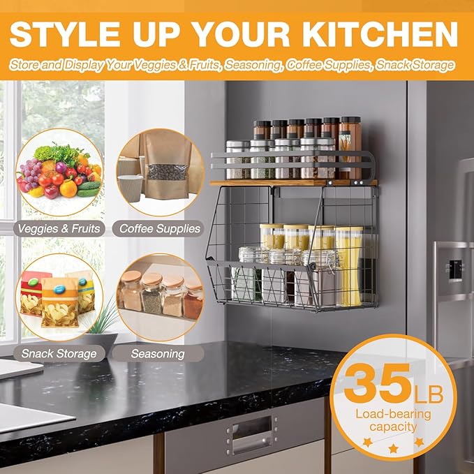 Magnetic Shelf for Fridge with Wood Lid, Large Capacity Wire Basket Magnetic Spice Rack for Refrigerator Kitchen Storage Bin for Fruit, Onion, Potatoes, Storage Organizer for Counter & Cabinet, Black