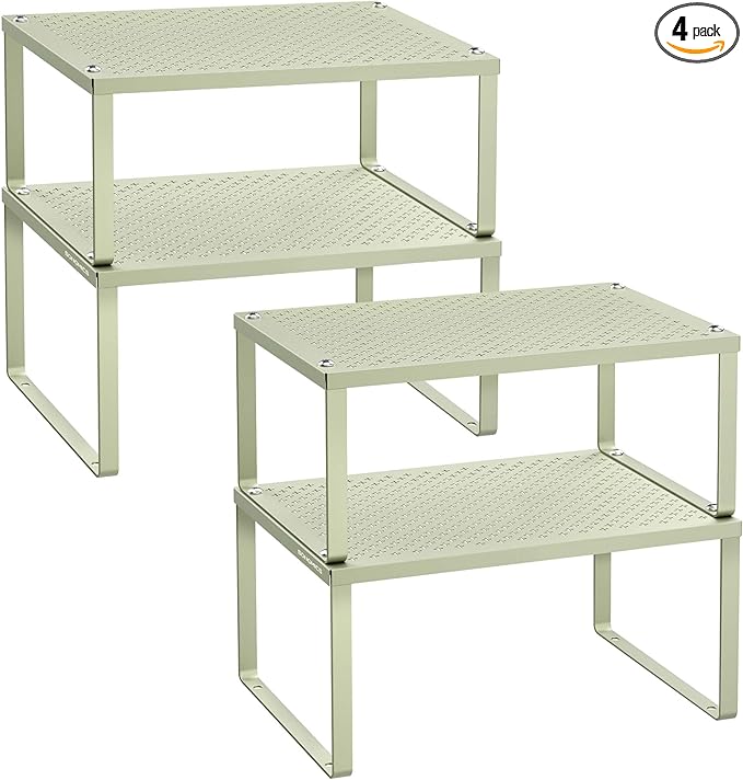 SONGMICS Spice Racks, Set of 4 Metal Cabinet Shelf Organizers, Countertop Organizers, Shelf Risers, Stackable, Expandable, Sage Green UKCS006C01
