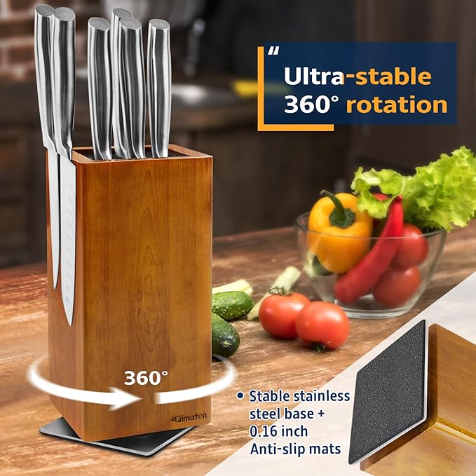 universal magnetic knife block without knives-360° rotatable magnetic knife holder made of fine acacia wood, Extra large magnet knife storage for knives and utensils for a quality kitchen life