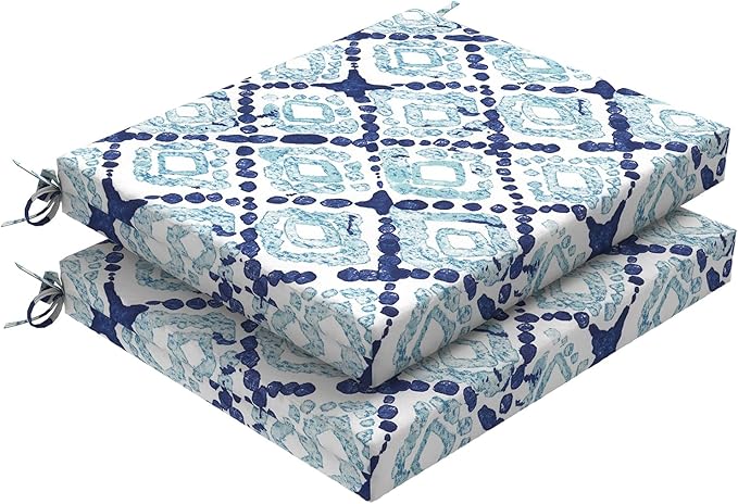 Set of 2 Outdoor Square Chair Cushions 18.5"x16"x2" for Patio, Water Resistant Patio Dining Seat Pads Replacement for Kitchen Garden and Outdoor Furniture Decoration - Boho Geometry Blue