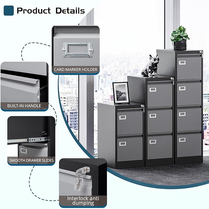 MIIIKO 4 Drawer File Cabinet, Metal Vertical Filing Cabinets with Lock, Home Office File Folders Storage Cabinet for Letter Legal A4 File Size
