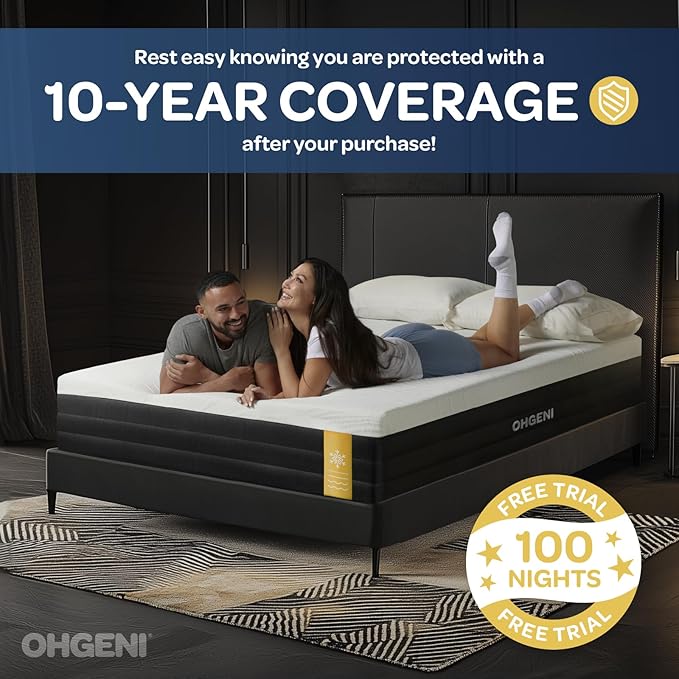 OhGeni 10 Inch King Size Mattress, Cooling Gel Memory Foam Bed Mattresses in a Box, Cool Touch Surface, Medium Feel, Ergonomic Support & Pressure Relief, CertiPUR-US Certified Foam, Designed in USA
