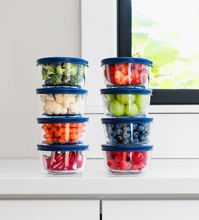 16-Piece Glass Food Storage Containers Set (8 Containers + 8 BPA-Free Lids) | 7-Ounce, Leakproof | Microwave, Freezer, Oven & Dishwasher Safe | Ideal for Meal Prep & Pantry Organization