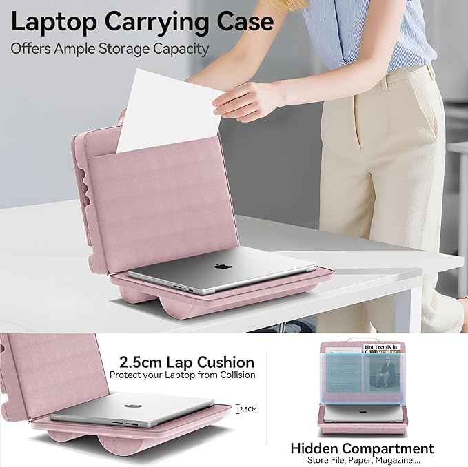 Laptop Lap Desk with Cushion, Adjustable Lap Desk Pillow with Storage, Portable Lap Table for Adults Student, Laptop Stand for Bed Office College Dorm Home Room Couch, Fits Up to 14.9" PC Tablet, Pink