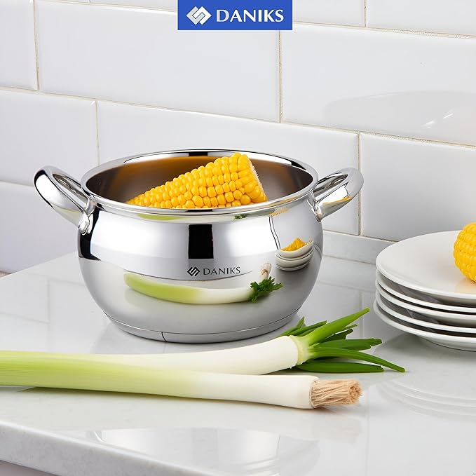 Daniks Classic 6-Piece Stainless Steel Induction Cookware Set – Dishwasher Safe Pots with Lids, Measuring Scale, Silver