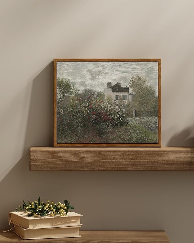 InSimSea Framed Canvas Wall Art Vintage Decor, Garden Full of Flowers Oil Painting Wall Prints by Claude Monet, Retro Scenic Bathroom Decor Wall Art, Farmhouse Office Dining Room Decor, 11"x14"