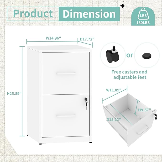 AQY 2 Drawer File Cabinet with Lock, Metal White Filing Cabinets for Home Office, 18" Deep Heavy Duty Vertical Storage Cabinet for Hanging A4/Letter/Legal Size Files, Assembly Require