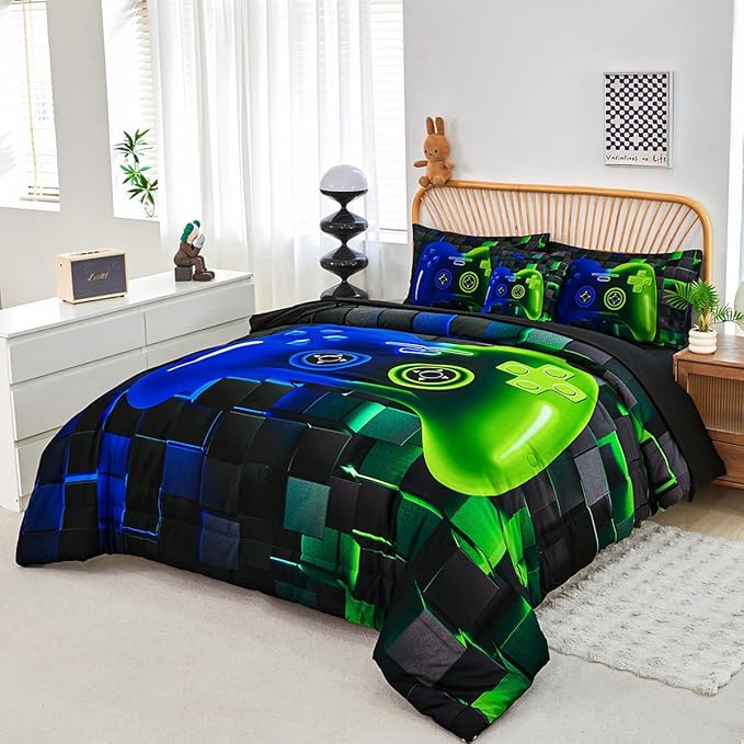 PERFEMET Gamer Comforter Queen Set 6 Pieces Blue and Green Game Console Boys Bedding Set with Sheets Soft Fluffy 3D Video Game Bed in a Bag for Kids Teen(Blue Green, Queen)