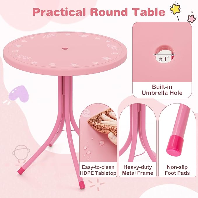 Costzon Kids Picnic Table, Kids Outdoor Table with 2 Folding Chairs, Height Adjustable Umbrella, Portable Children Outdoor Furniture for Patio, Garden, Backyard (Pink)