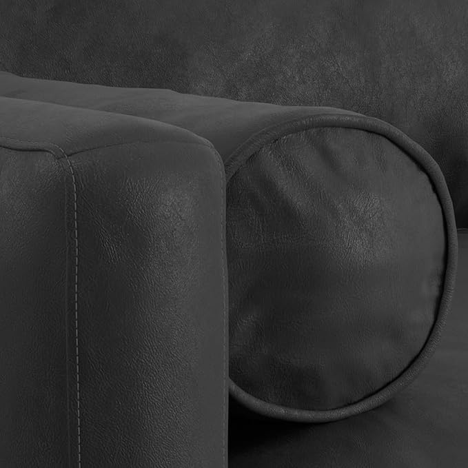 SIMPLIHOME Morrison 72-inch Wide Sofa in Lead Black Genuine Leather, Mid-Century Modern-Style Loveseat for Living Room, Single Bench Cushion, Removable Back Cushions, 2 Bolster Pillows