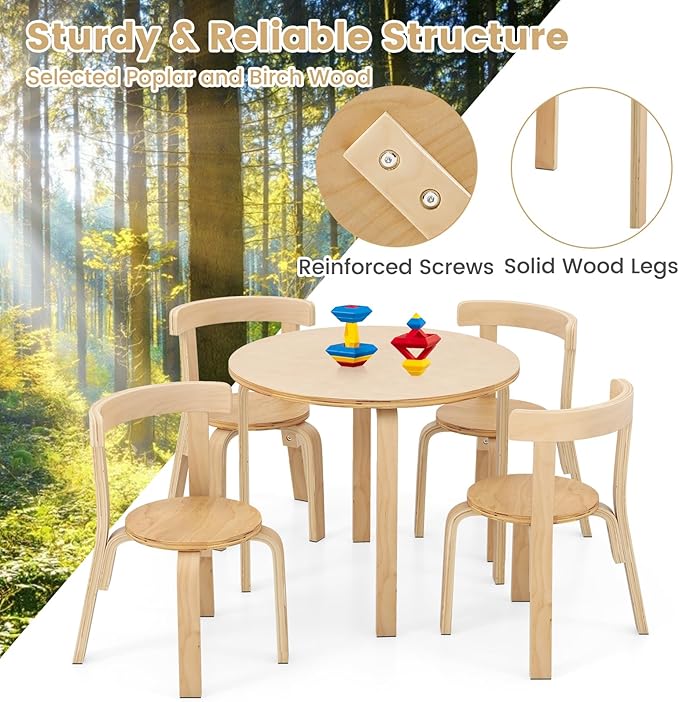 HONEY JOY Kids Table and Chair Set, Bentwood Toddler Round Table and 4 Chairs for Craft Art, Building Block, 5-Piece Children Furniture Set for Daycare, Kindergarten, Playroom (Natural)