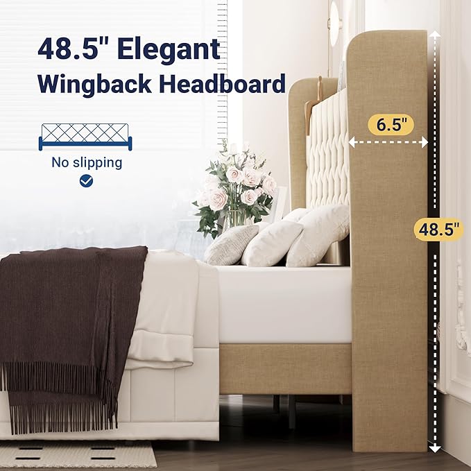 Allewie King Size Bed Frame, Storage Headboard with Charging Station,Wingback Linen Upholstered, Diamond Stitched Button Tufted, Sturdy Wooden Slats, No Box Spring Needed, Easy Assembly, Beige